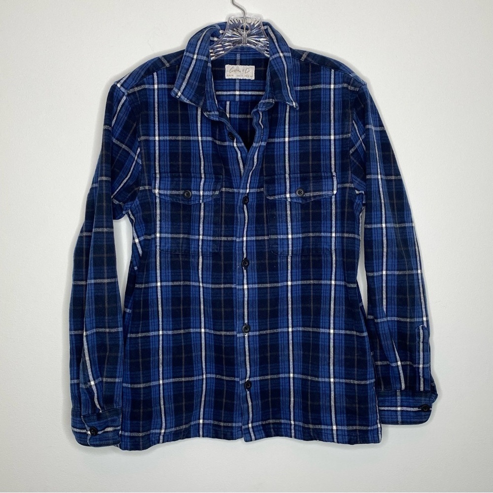 Cotton & Co. Blue Plaid Button Front Cotton Flannel Shirt Jacket